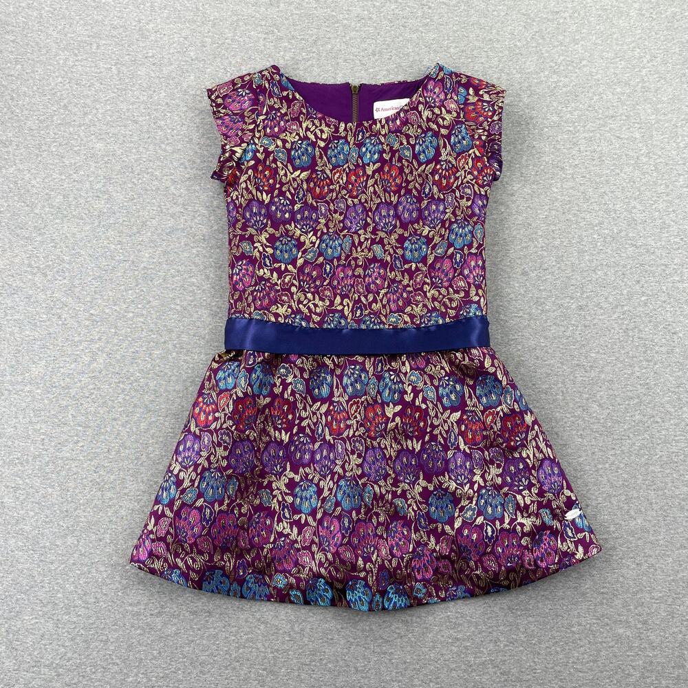 American Girl Purple Floral Metallic Holiday Party Dress Size 7 Blue Satin Sash